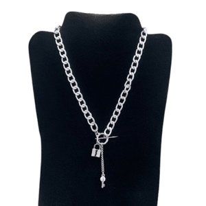 Silver Lock & Key Pendant Necklace Thick Chain Links with Toggle Clasp